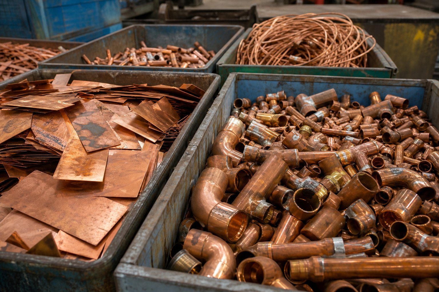 Ayrı kasalarda bakır tel, bağlantı ve bakır metal parçaları